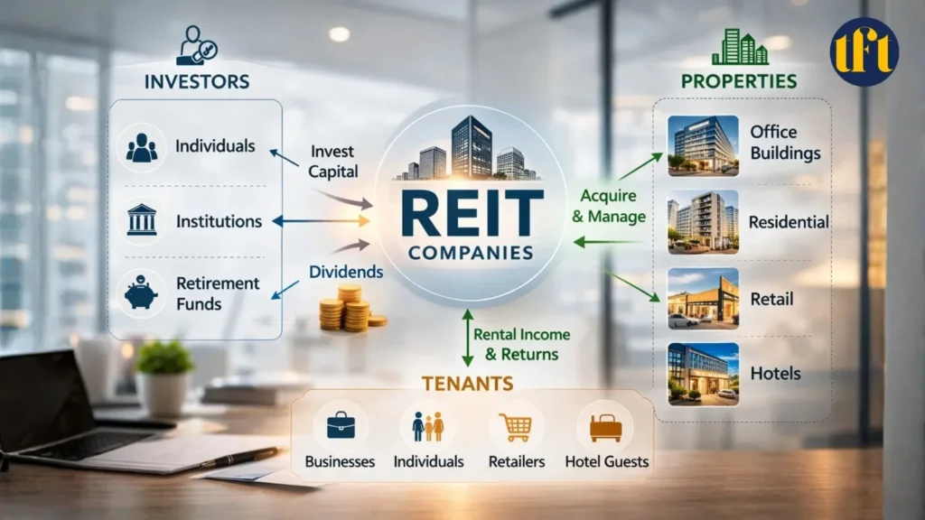 Diagram showing how REIT companies connect investors, properties, and tenants