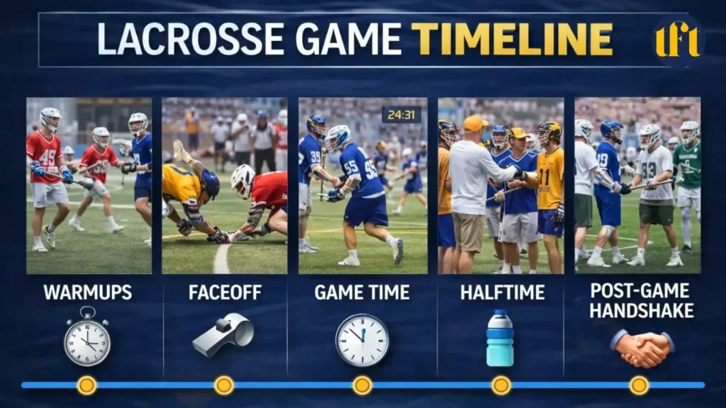 Graphic Showing A Lacrosse Game Timeline From Warmups To Post Game Handshake