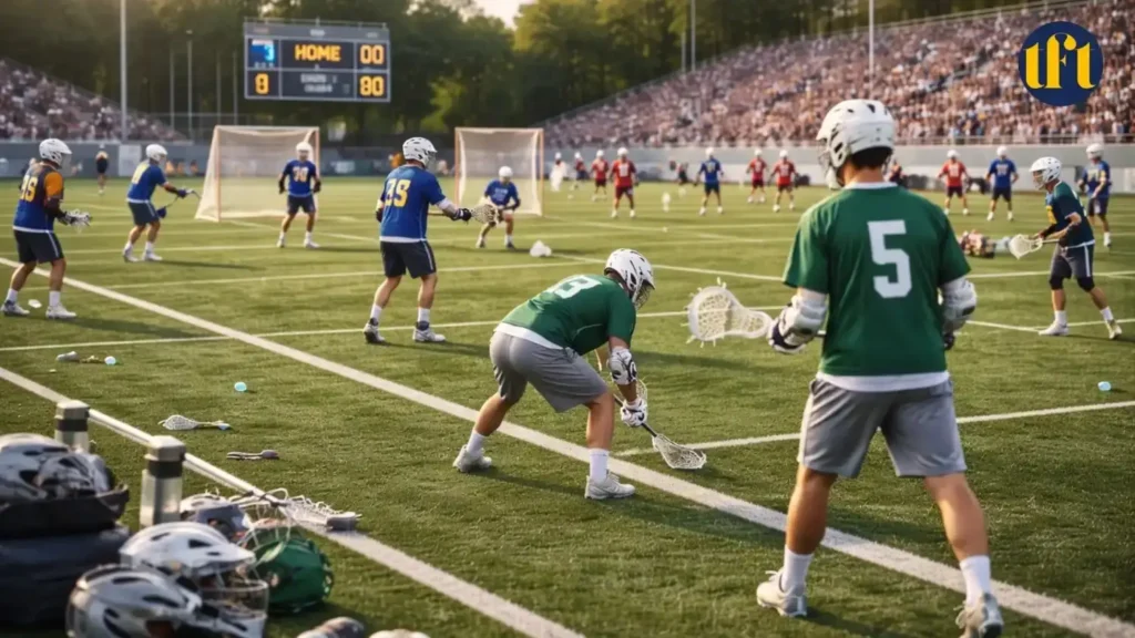 image showing teams warming up on the field before a lacrosse game