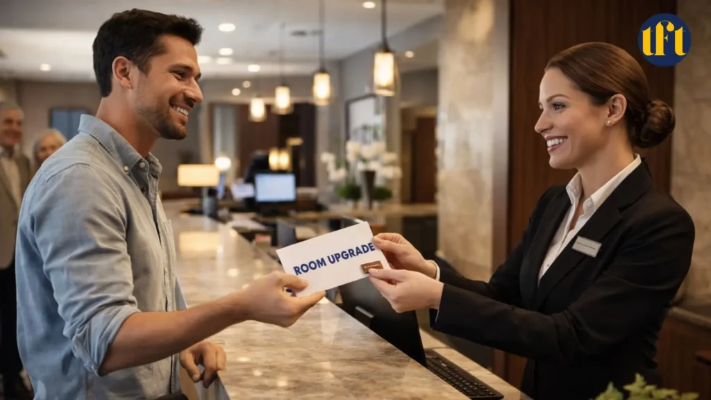 Traveler receiving complimentary hotel room upgrade at check-in